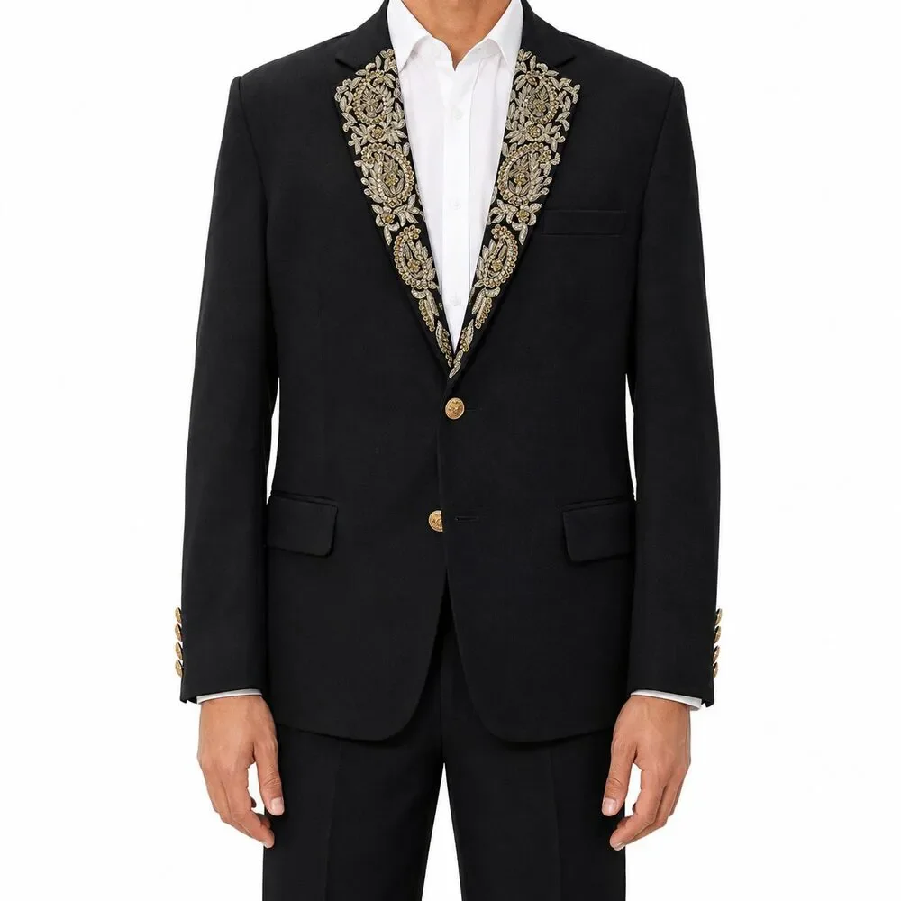 Mens 42R Black Wool Blazer Hand Embroidered Gold Paisley Tuxedo Suit Jacket